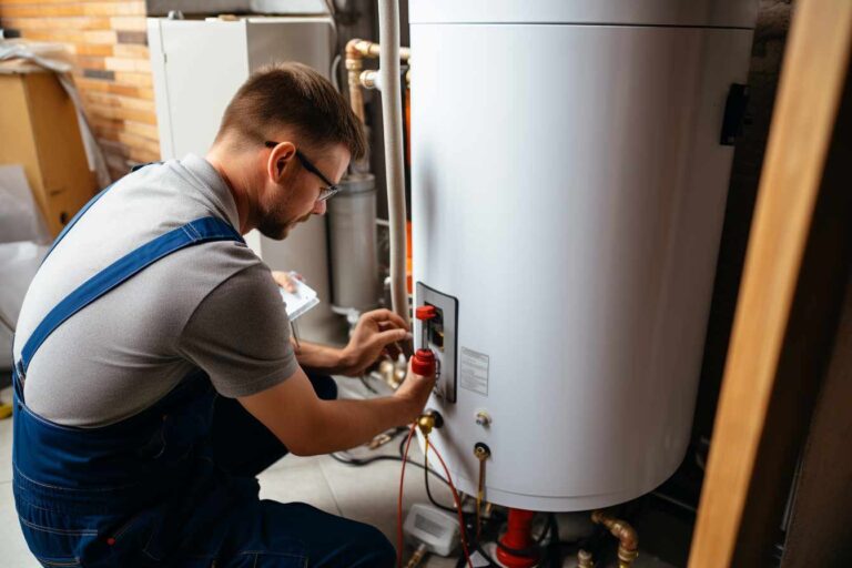 Custom Fit Plumbing technician repairing a water heater in an Eaton, OH home